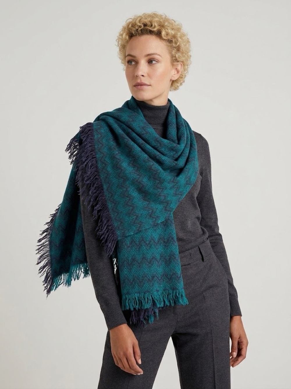 Teal Chevron Fringe Scarf 42x84- Women's Accessory